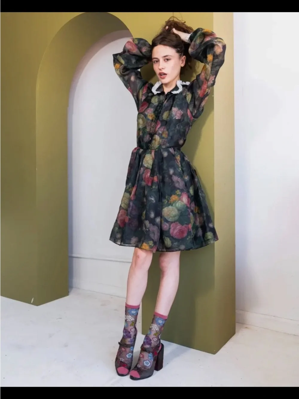 Sock Candy Dark Florals Black Sheer Crew Sock. Price firm.